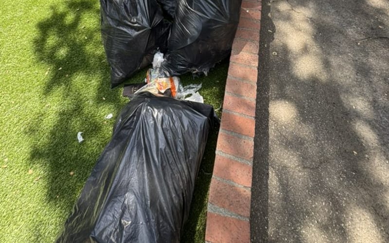 Black bags of waste lined along a driveway after a Largo, FL tenant moved out